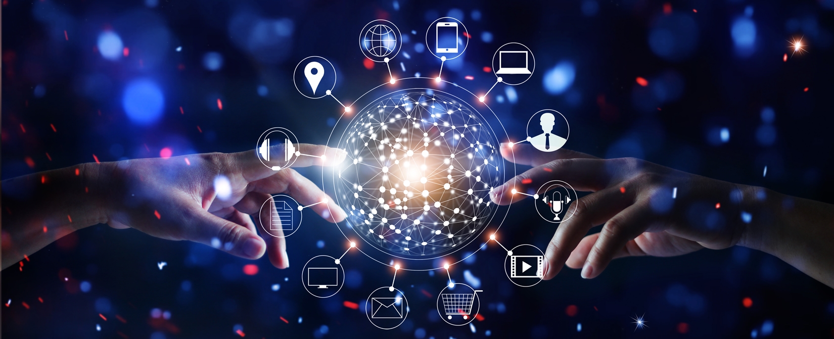 Hands touching global connection and icon customer networking data exchanges on glitter bright lights colorful background